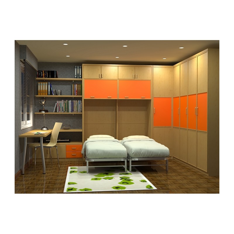 Habitación de invitados con cama abatible vertical y zona de estudio.